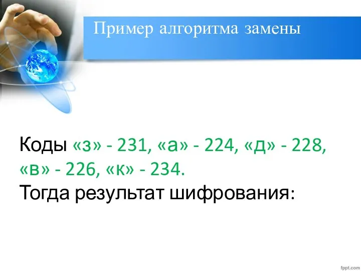 Пример алгоритма замены Коды «з» - 231, «а» - 224, «д» - 228,
