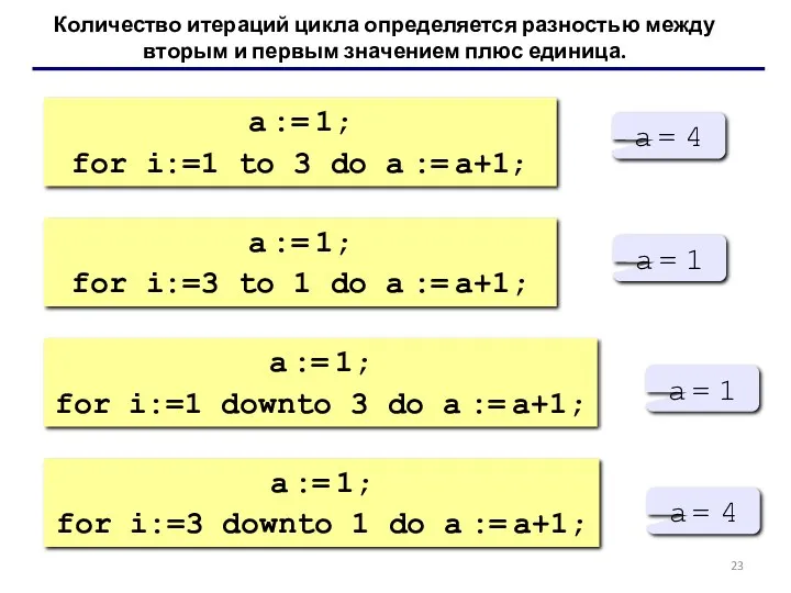 Количество итераций цикла определяется разностью между вторым и первым значением