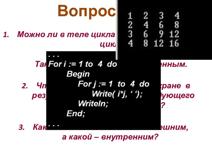 Вопросы: Можно ли в теле цикла использовать тоже цикл? Такой