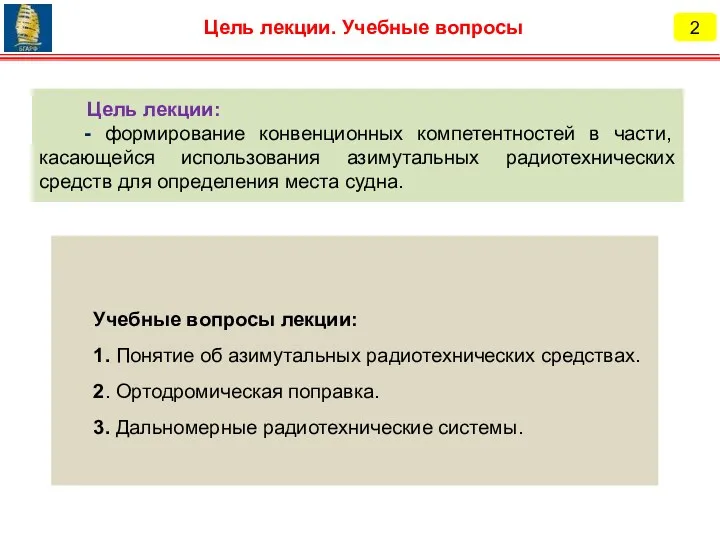 Учебные вопросы лекции: 1. Понятие об азимутальных радиотехнических средствах. 2.