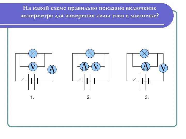 На какой схеме правильно показано включение амперметра для измерения силы