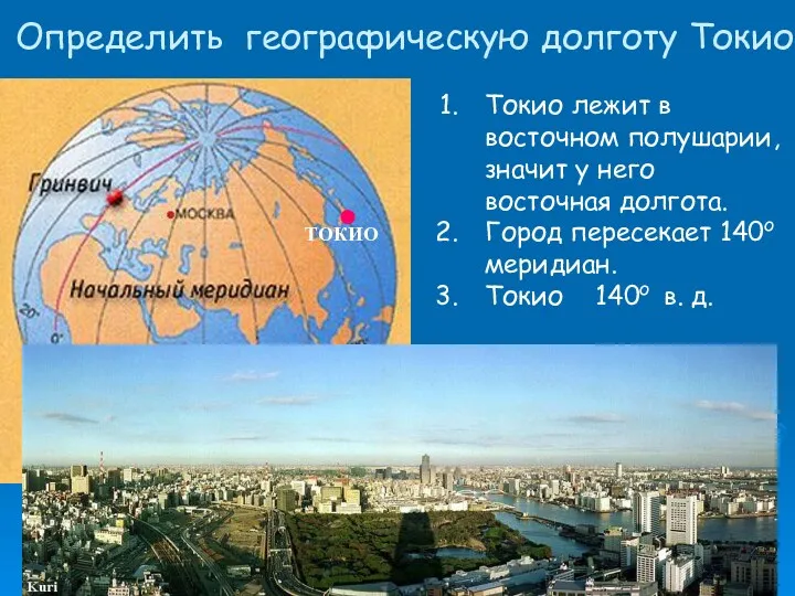 Определить географическую долготу Токио ТОКИО Токио лежит в восточном полушарии,