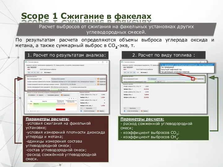 Параметры расчета: -условия сжигания на факельной установке; -условия измерений плотности