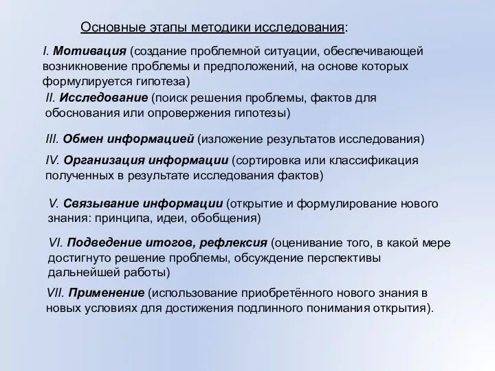 Основные этапы методики исследования: I. Мотивация (создание проблемной ситуации, обеспечивающей