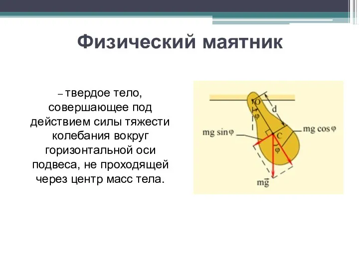 Физический маятник – твердое тело, совершающее под действием силы тяжести