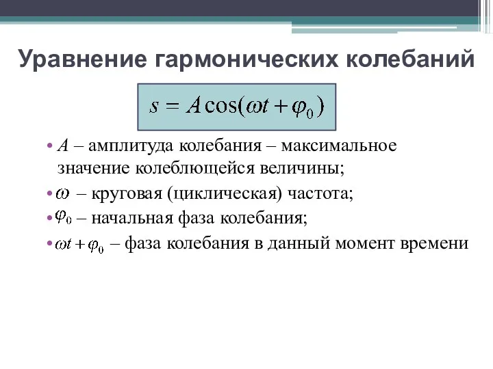 Уравнение гармонических колебаний А – амплитуда колебания – максимальное значение