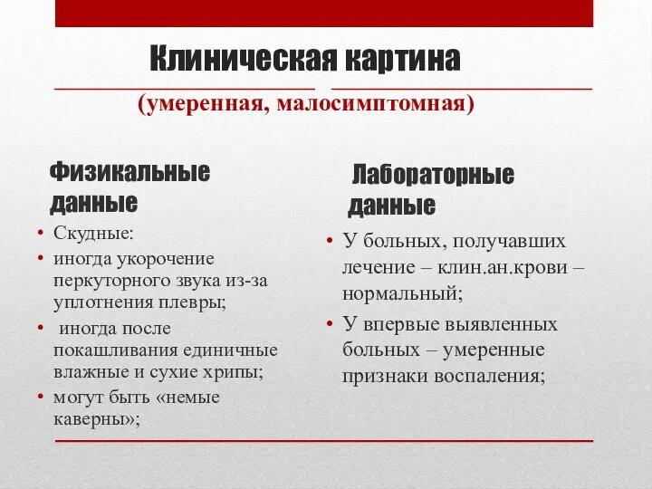 Клиническая картина (умеренная, малосимптомная) Физикальные данные Скудные: иногда укорочение перкуторного