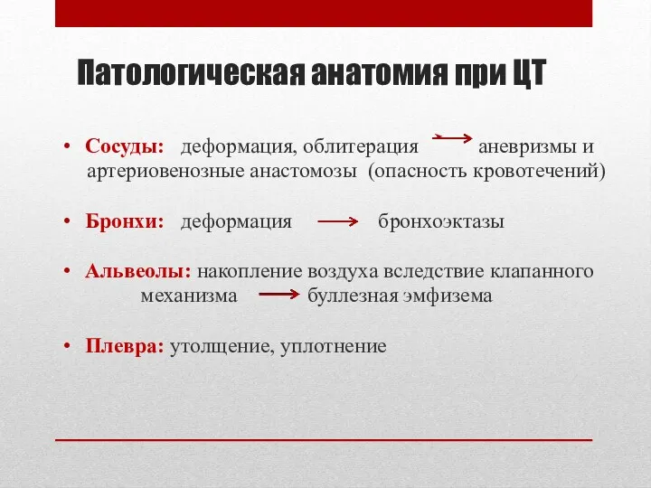 Патологическая анатомия при ЦТ Сосуды: деформация, облитерация аневризмы и артериовенозные