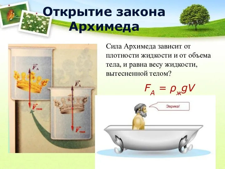 Открытие закона Архимеда Сила Архимеда зависит от плотности жидкости и