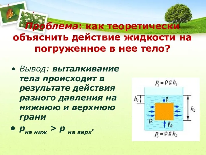 Проблема: как теоретически объяснить действие жидкости на погруженное в нее