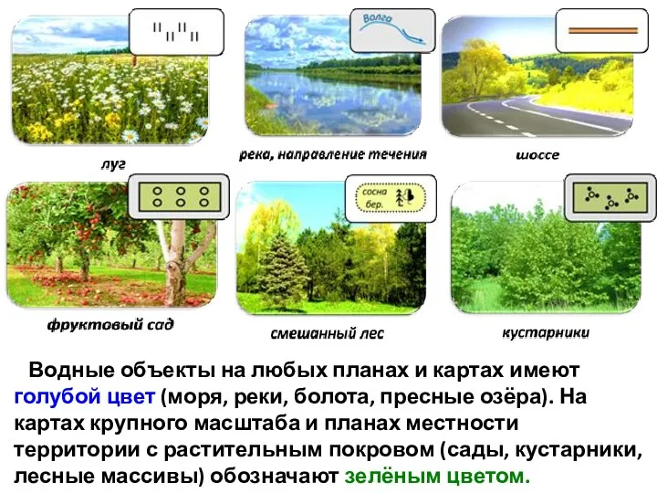 Водные объекты на любых планах и картах имеют голубой цвет (моря, реки, болота,