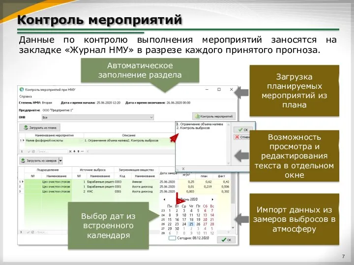 Контроль мероприятий Данные по контролю выполнения мероприятий заносятся на закладке