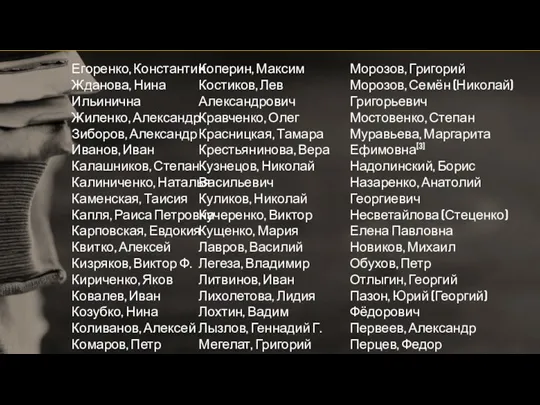 Егоренко, Константин Жданова, Нина Ильинична Жиленко, Александр Зиборов, Александр Иванов, Иван Калашников, Степан