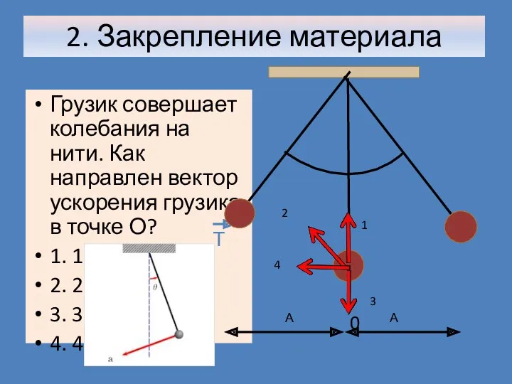 Грузик совершает колебания на нити. Как направлен вектор ускорения грузика