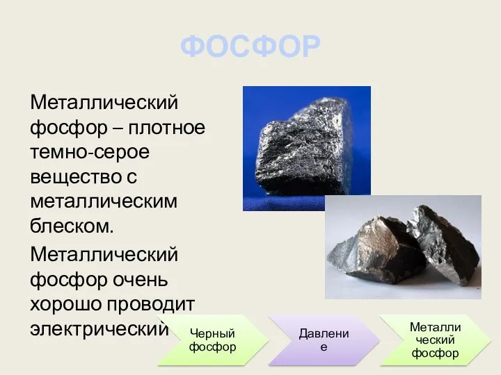 ФОСФОР Металлический фосфор – плотное темно-серое вещество с металлическим блеском.