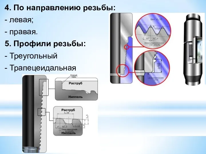 4. По направлению резьбы: - левая; - правая. 5. Профили резьбы: - Треугольный - Трапецеидальная