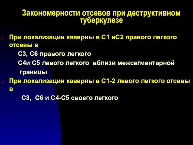 Закономерности отсевов при деструктивном туберкулезе При локализации каверны в С1