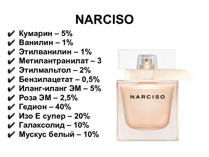 NARCISO Кумарин – 5% Ванилин – 1% Этилванилин – 1%