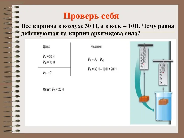 Проверь себя Вес кирпича в воздухе 30 Н, а в воде – 10Н.