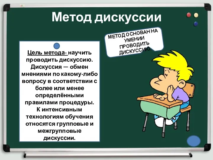 Метод дискуссии МЕТОД ОСНОВАН НА УМЕНИИ ПРОВОДИТЬ ДИСКУССИЮ. Цель метода-