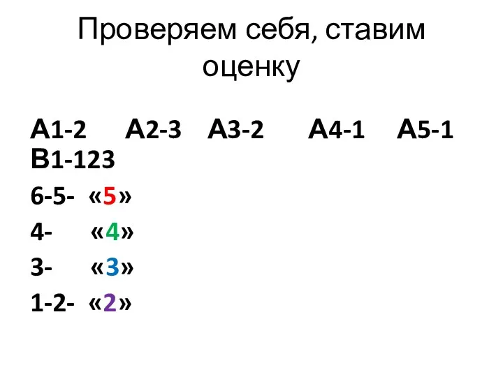 Проверяем себя, ставим оценку А1-2 А2-3 А3-2 А4-1 А5-1 В1-123