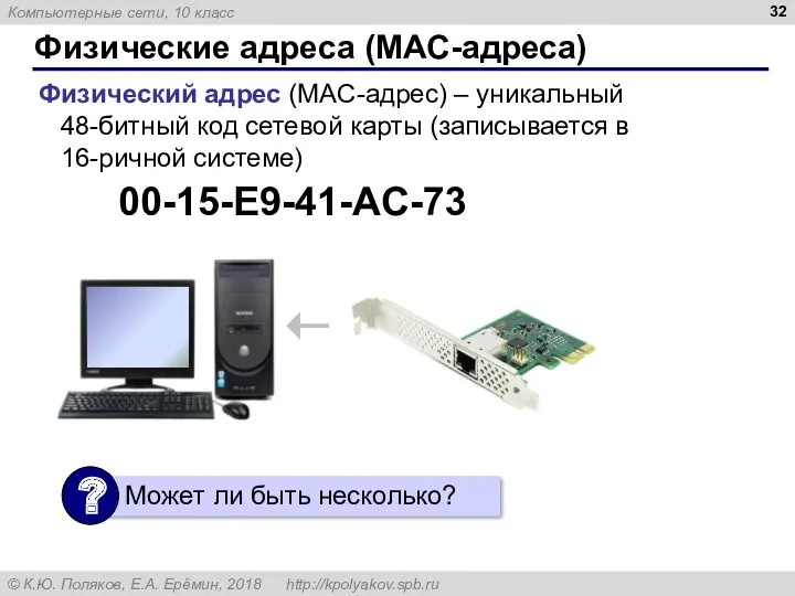 Физические адреса (MAC-адреса) Физический адрес (MAC-адрес) – уникальный 48-битный код