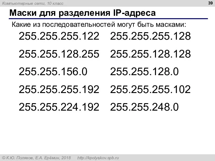 Маски для разделения IP-адреса Какие из последовательностей могут быть масками: