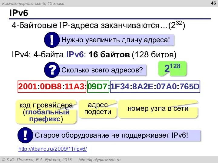 IPv6 4-байтовые IP-адреса заканчиваются…(232) IPv4: 4-байта IPv6: 16 байтов (128