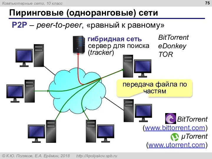 Пиринговые (одноранговые) сети P2P – peer-to-peer, «равный к равному» BitTorrent eDonkey TOR передача файла по частям