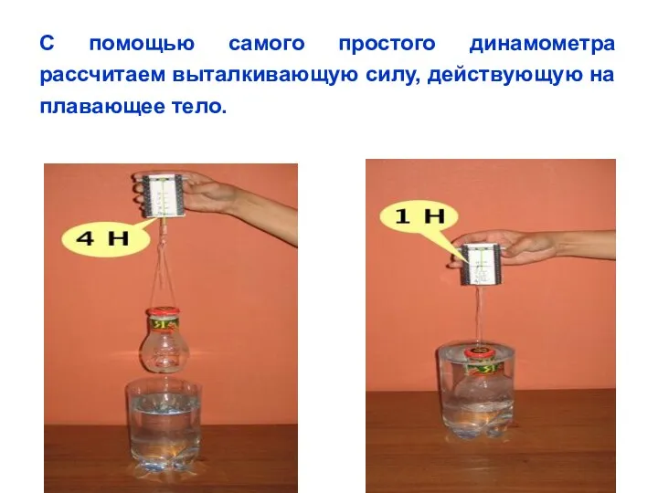 С помощью самого простого динамометра рассчитаем выталкивающую силу, действующую на плавающее тело.