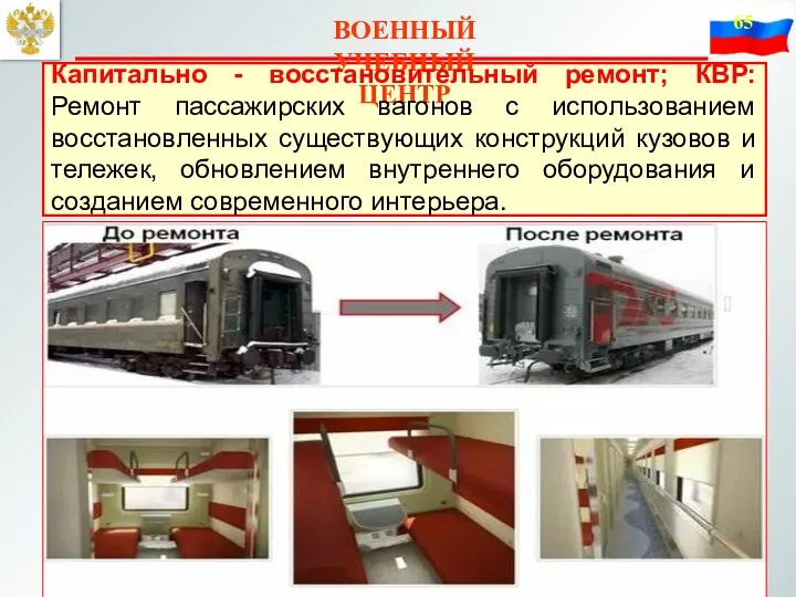 ВОЕННЫЙ УЧЕБНЫЙ ЦЕНТР Капитально - восстановительный ремонт; КВР: Ремонт пассажирских