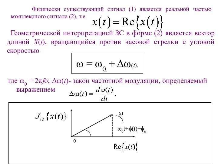 Физически существующий сигнал (1) является реальной частью комплексного сигнала (2),