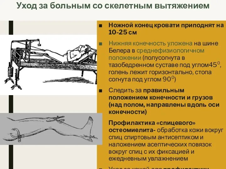 Уход за больным со скелетным вытяжением Ножной конец кровати приподнят