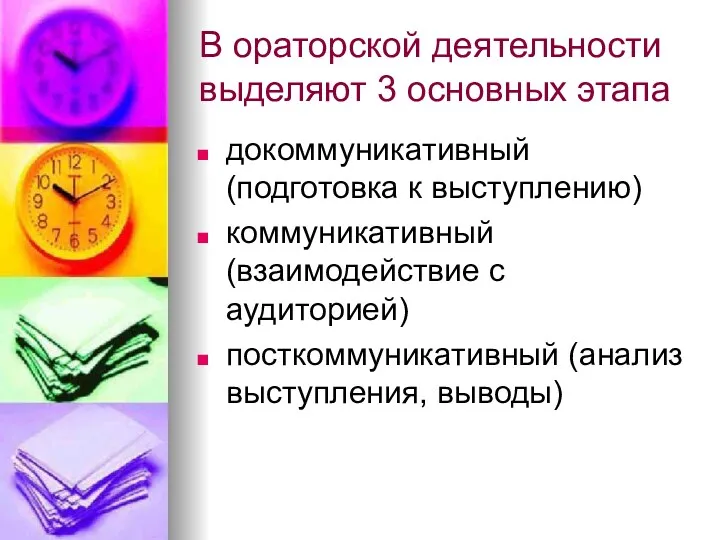 В ораторской деятельности выделяют 3 основных этапа докоммуникативный (подготовка к