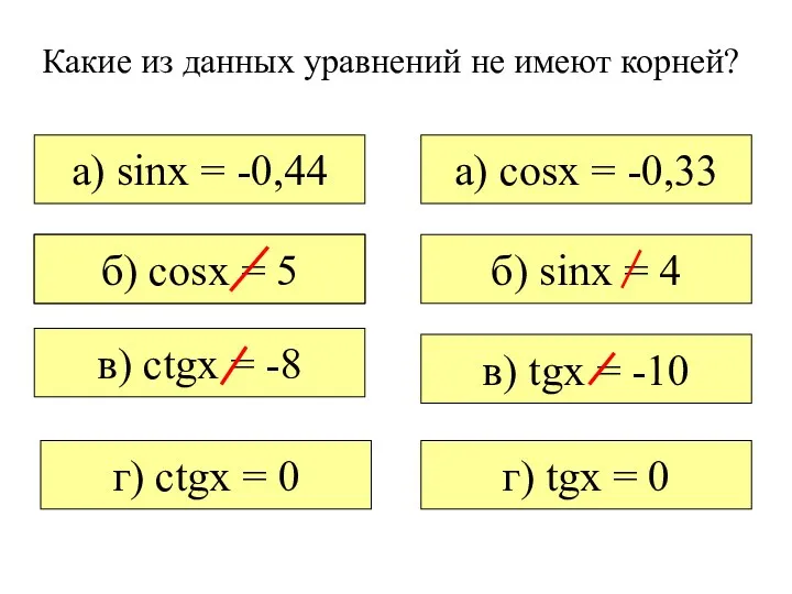 Какие из данных уравнений не имеют корней? а) sinx = -0,44 в) tgx