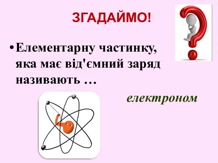 ЗГАДАЙМО! Елементарну частинку, яка має від'ємний заряд називають … електроном