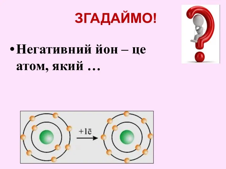 ЗГАДАЙМО! Негативний йон – це атом, який …