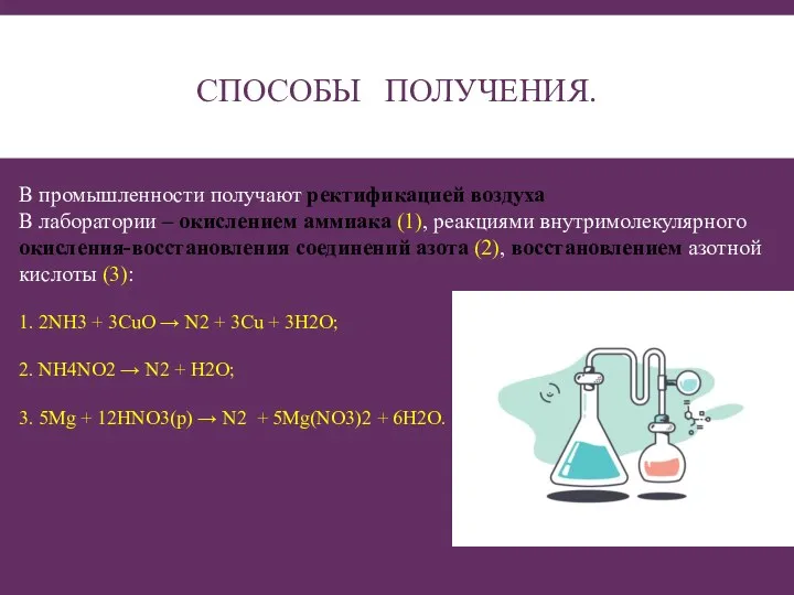 СПОСОБЫ ПОЛУЧЕНИЯ. В промышленности получают ректификацией воздуха В лаборатории –