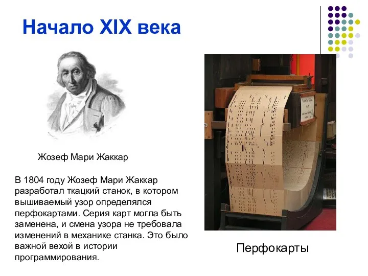 Начало XIX века Перфокарты Жозеф Мари Жаккар В 1804 году