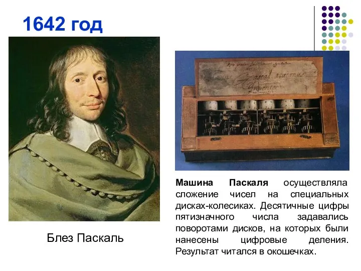 1642 год Блез Паскаль Машина Паскаля осуществляла сложение чисел на