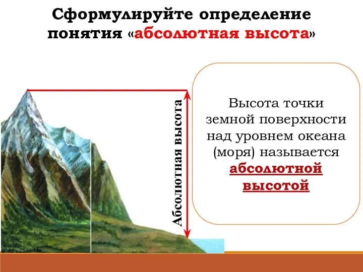 Абсолютная высота Сформулируйте определение понятия «абсолютная высота» Высота точки земной