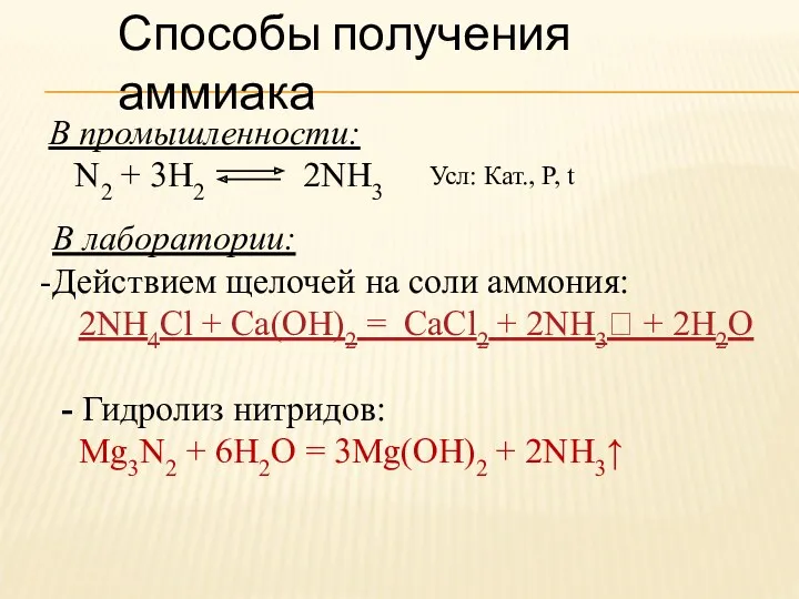 Способы получения аммиака В промышленности: N2 + 3H2 2NH3 Усл: