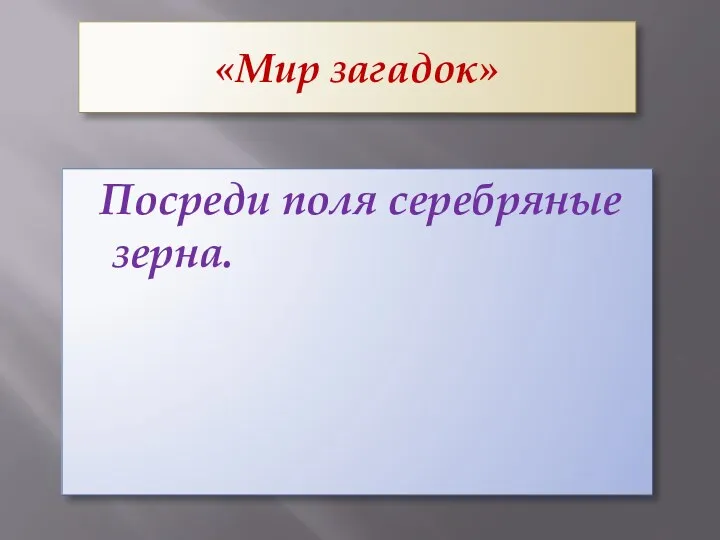 «Мир загадок» Посреди поля серебряные зерна.