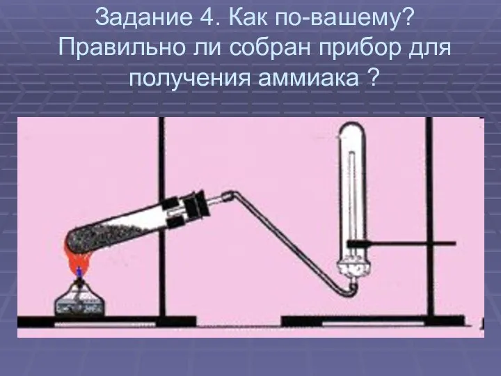 Задание 4. Как по-вашему? Правильно ли собран прибор для получения аммиака ?