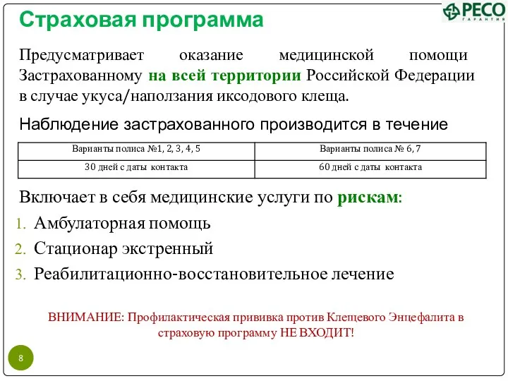 Страховая программа Включает в себя медицинские услуги по рискам: Амбулаторная