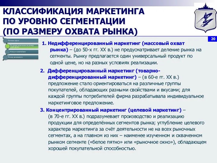 КЛАССИФИКАЦИЯ МАРКЕТИНГА ПО УРОВНЮ СЕГМЕНТАЦИИ (ПО РАЗМЕРУ ОХВАТА РЫНКА) 1.