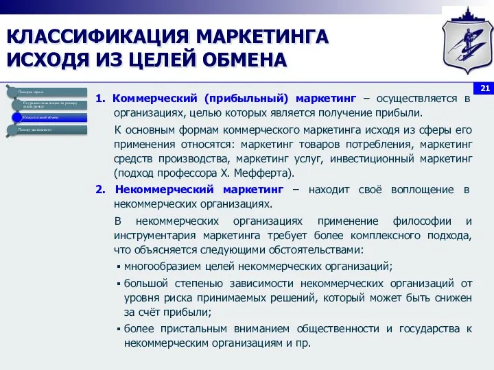 КЛАССИФИКАЦИЯ МАРКЕТИНГА ИСХОДЯ ИЗ ЦЕЛЕЙ ОБМЕНА 1. Коммерческий (прибыльный) маркетинг