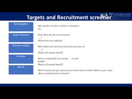 Targets and Recruitment screener Demographics Usage frequency Decision making Purchase