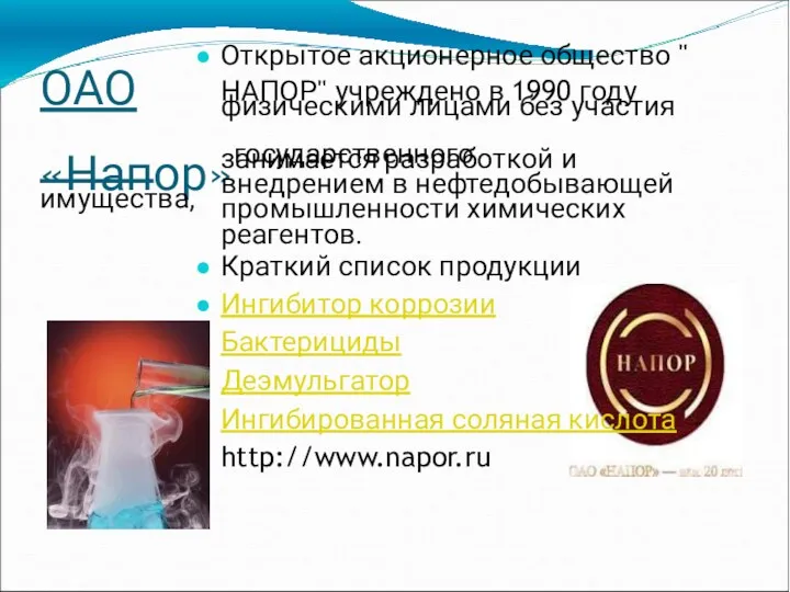 ОАО Открытое акционерное общество " НАПОР" учреждено в 1990 году