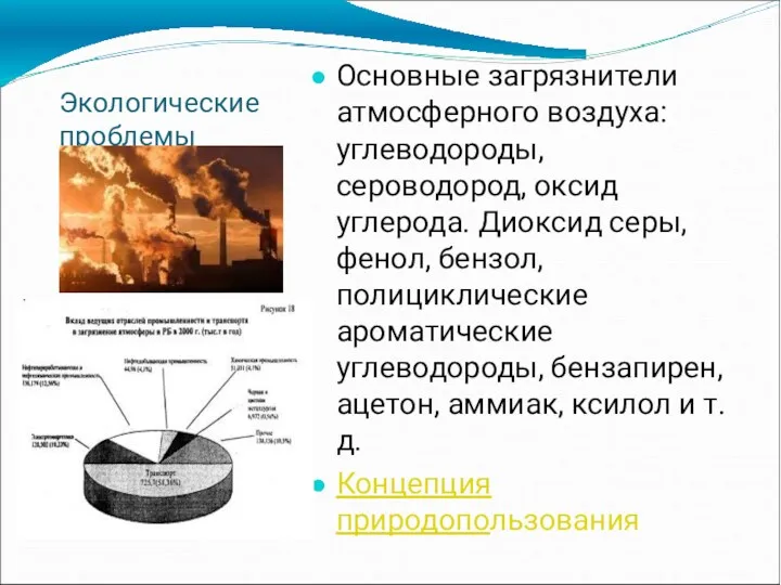 Экологические проблемы Основные загрязнители атмосферного воздуха: углеводороды, сероводород, оксид углерода.